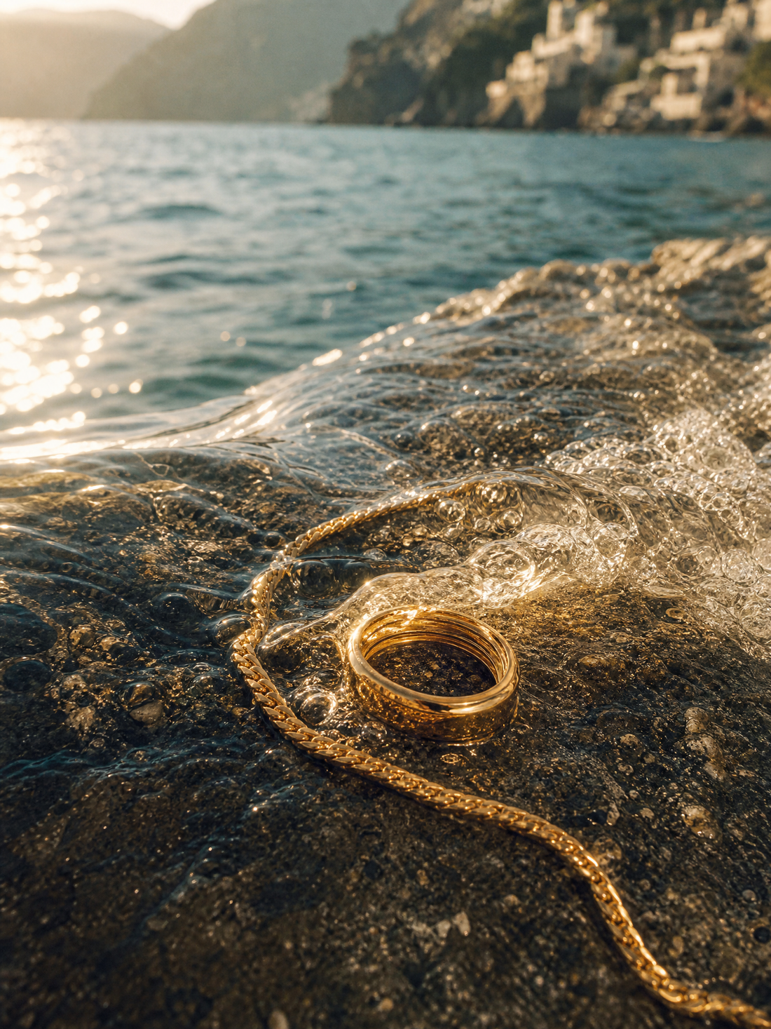 Gold ring and chain on a wet sea rock as a wave washes over them