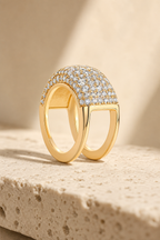 Yellow gold Cupola pave ring cover on travertine