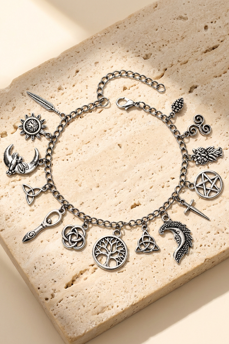 Incanto charm bracelet laid flat on travertine stone showing all 14 antiqued silver charms
