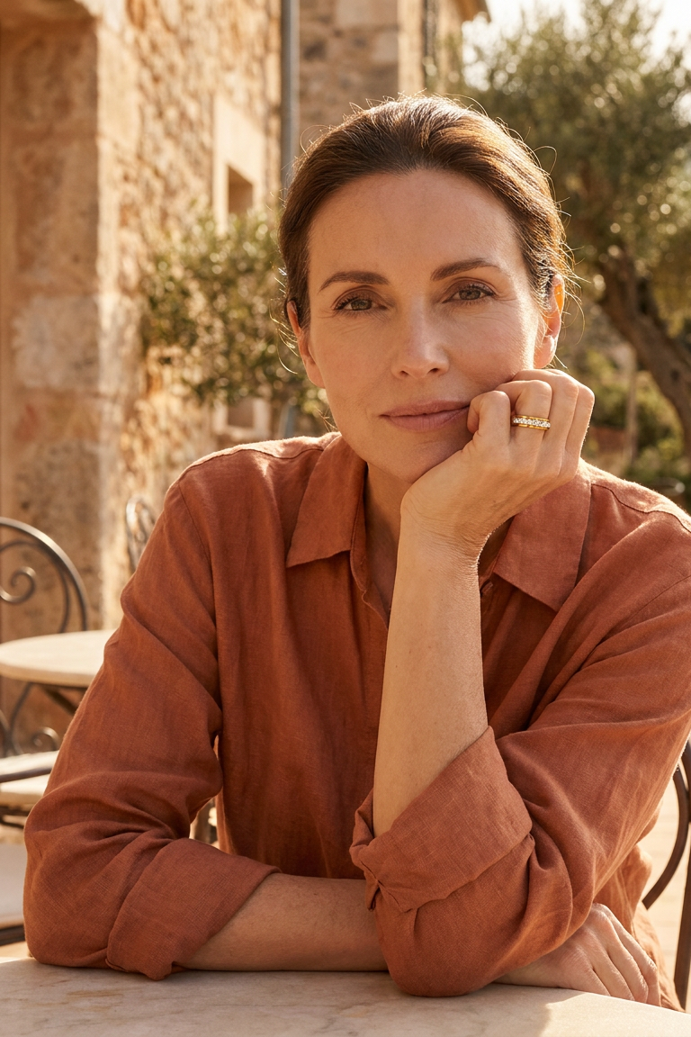 Woman at a cafe wearing the gold Calma spinner ring