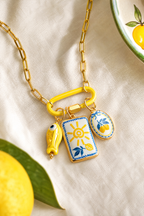 Macro of enamel lemon and fish charms