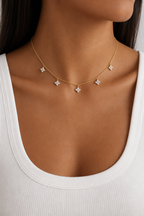 Fiorella flower charm choker worn at the collarbone