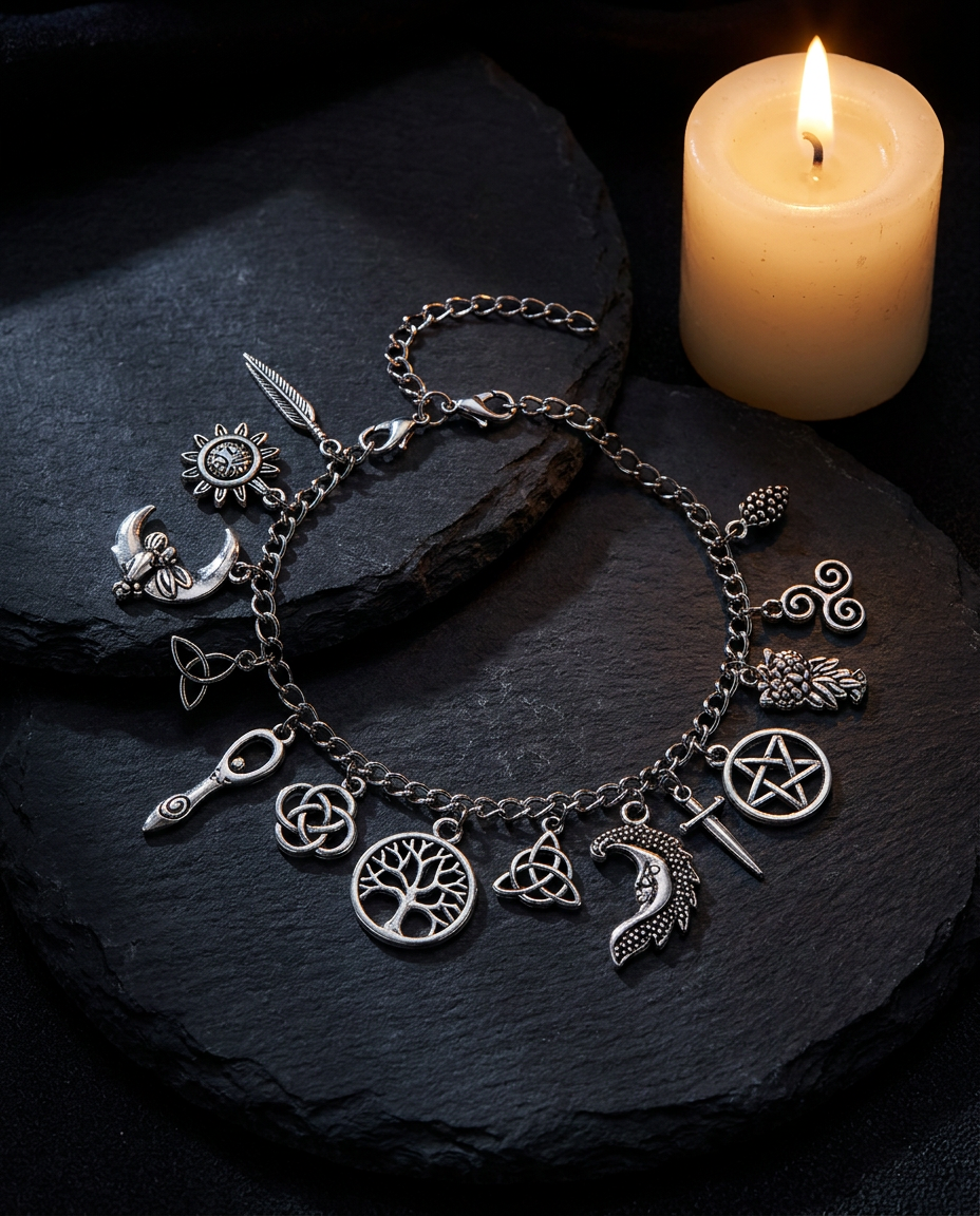 Incanto charm bracelet on dark slate beside a lit candle