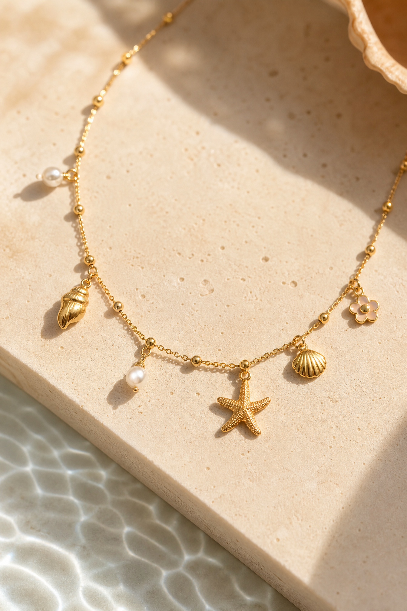 Macro detail of gold shell charms and pearls