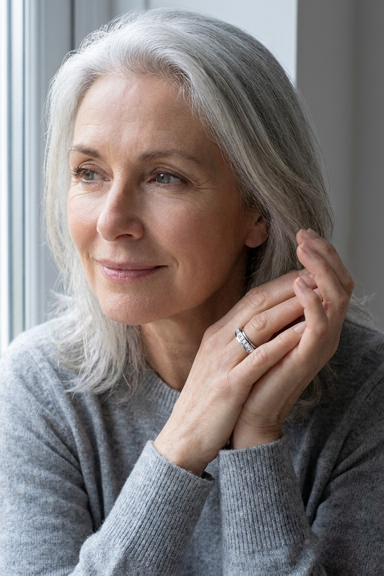 Silver-haired woman wearing the silver Calma spinner ring