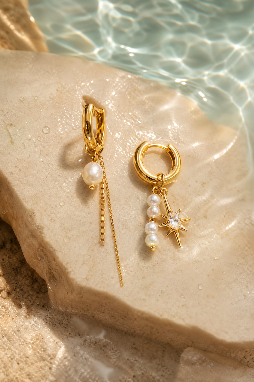 Water on the gold earrings