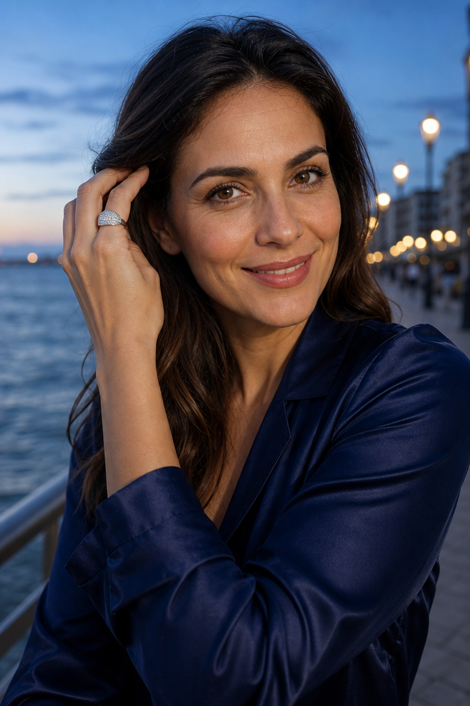 Woman at blue hour wearing the white gold Cupola ring