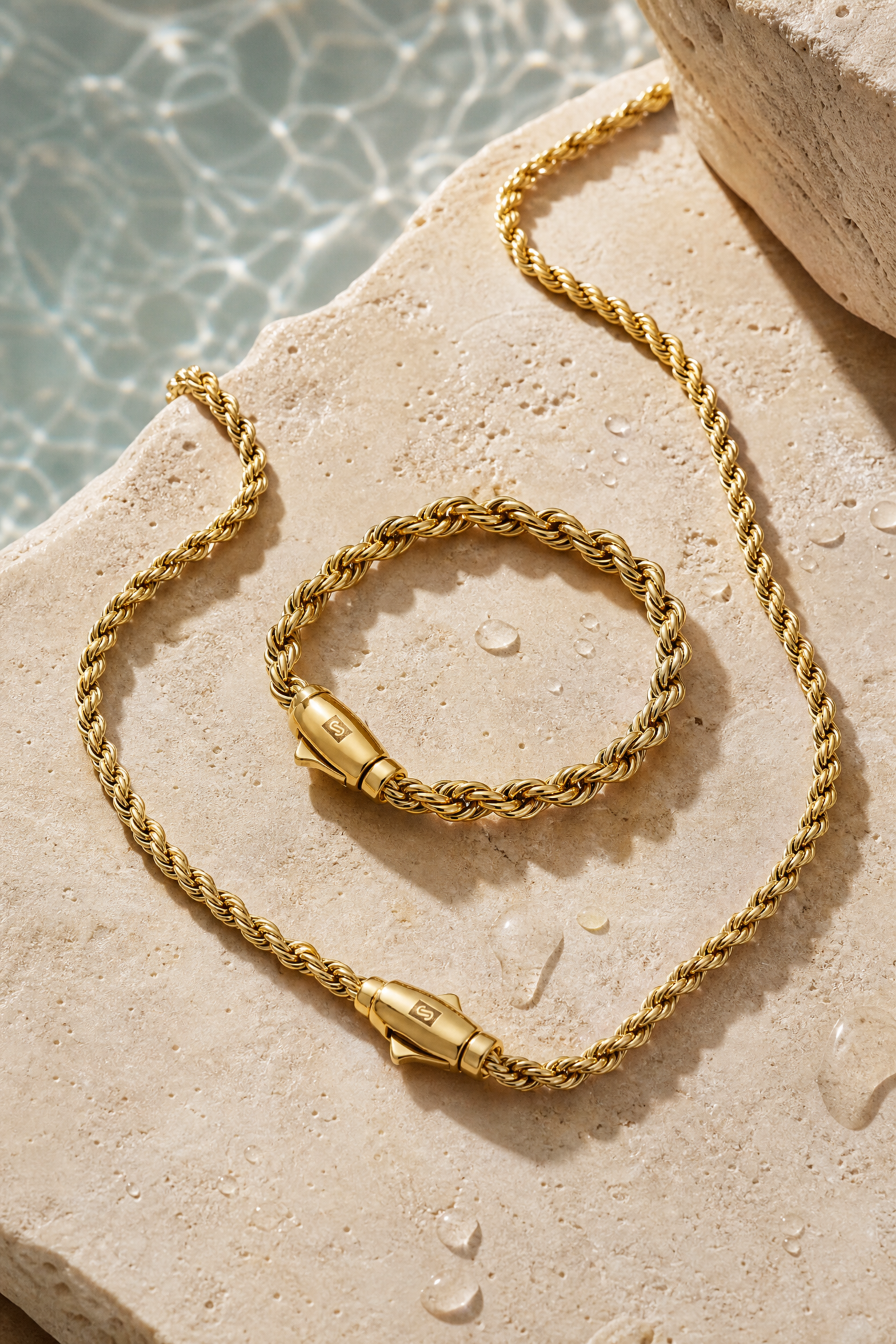 Water on the gold rope chain