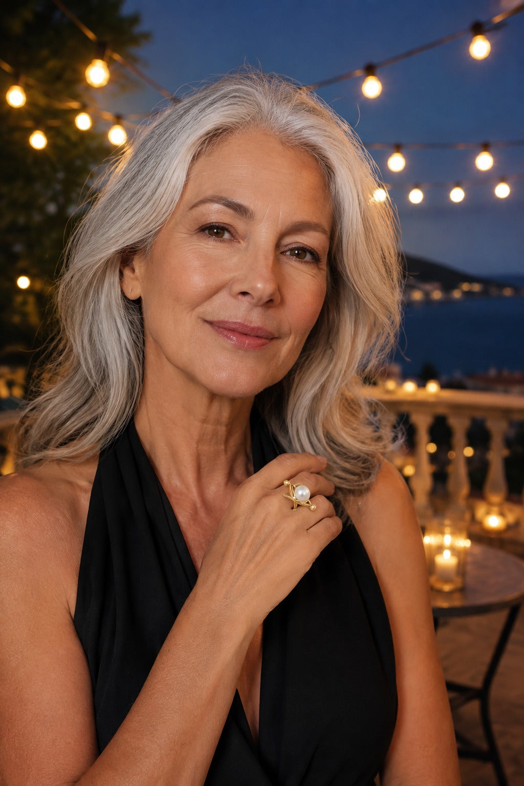 Woman in a black evening top wearing the Atrani Orbit Ring at dusk