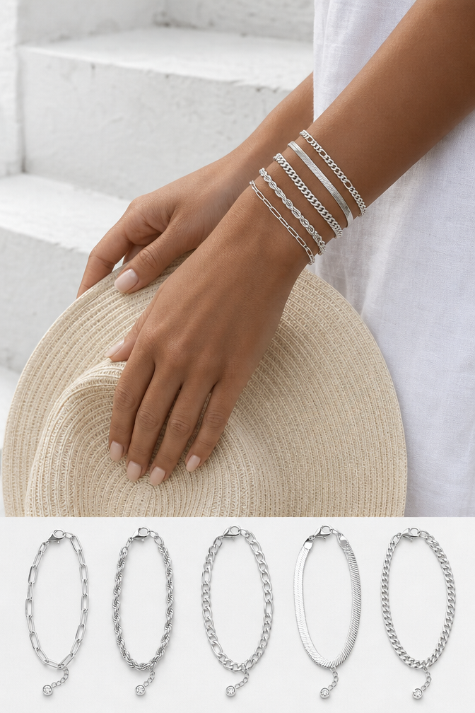 Silver bracelet stack with a linen sunhat