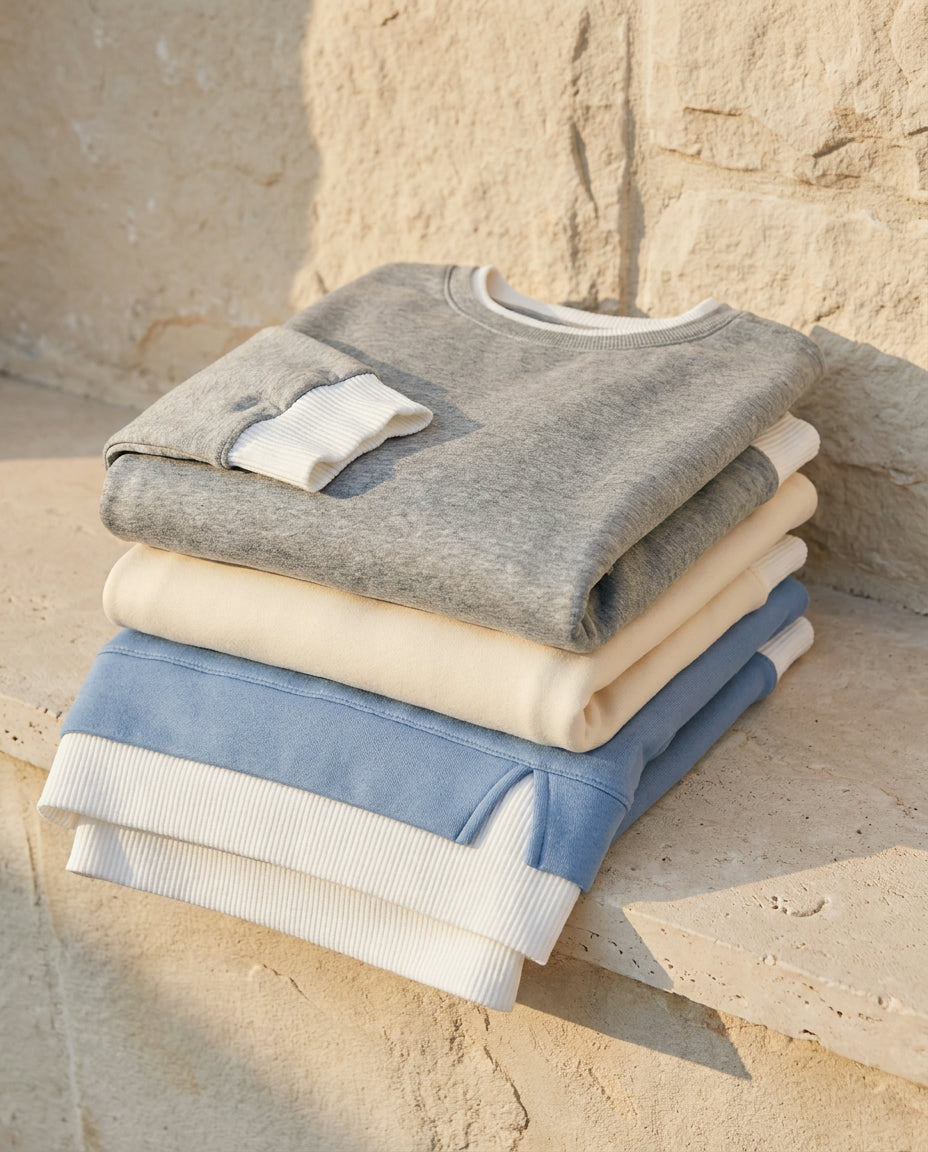 Bruma layered sweatshirt folded on a limestone ledge