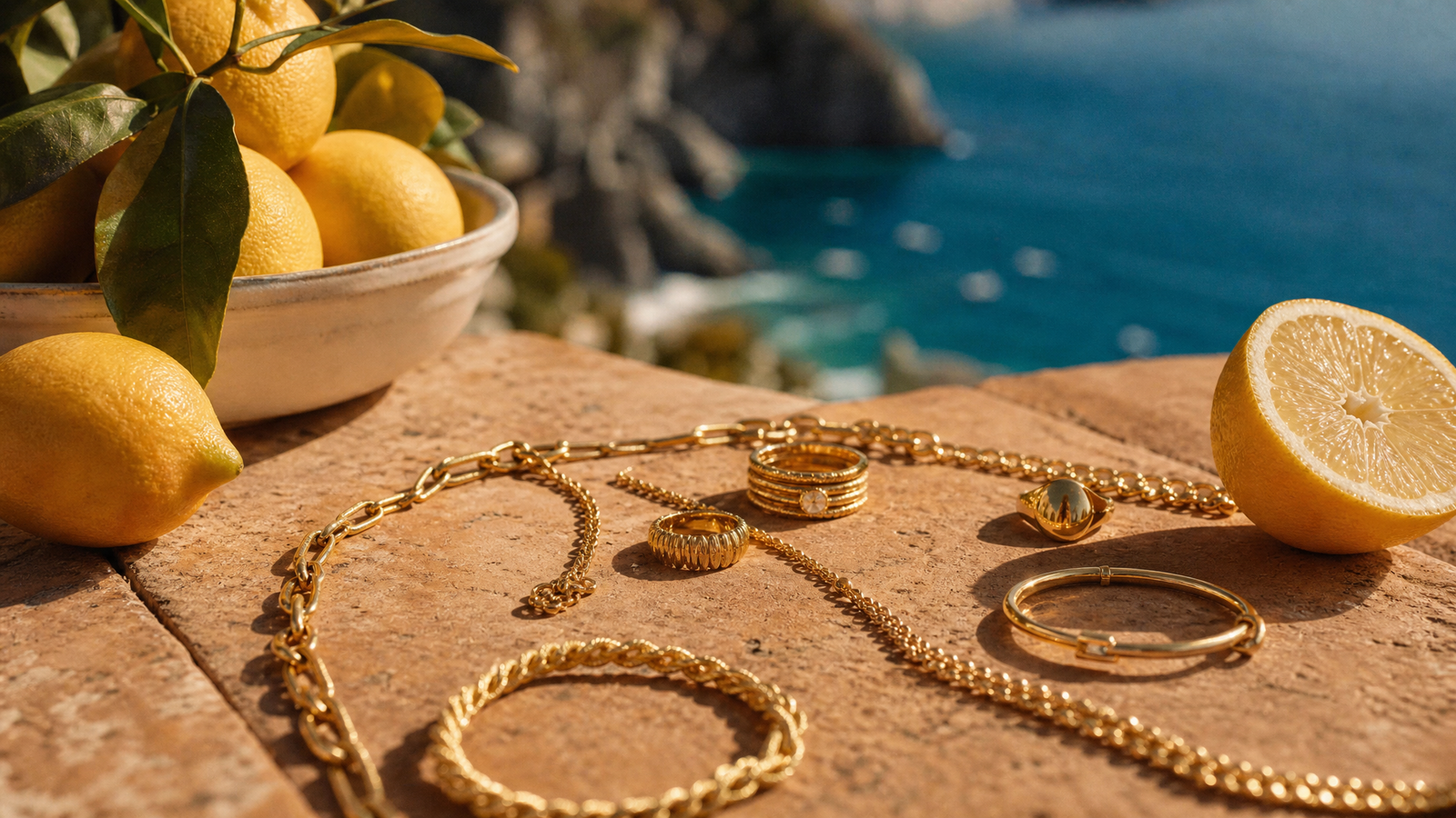 Gold Costiera jewelry arranged on warm terracotta with lemons