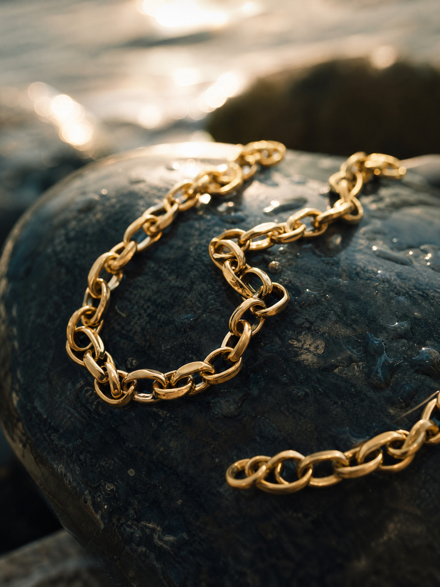 Macro of a polished gold chain on a wet sea rock