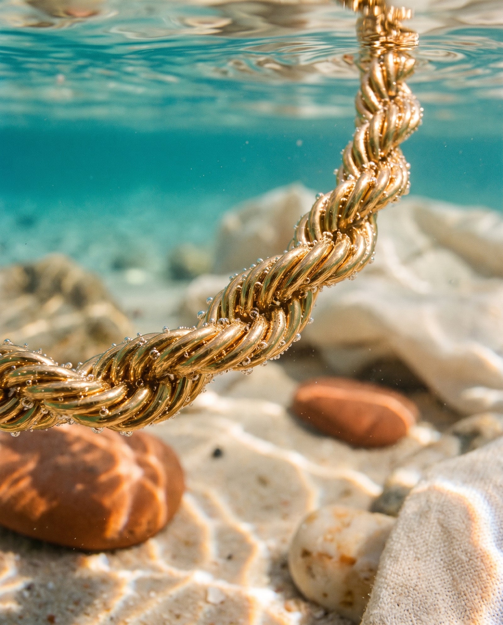 Gold rope chain beneath clear turquoise water