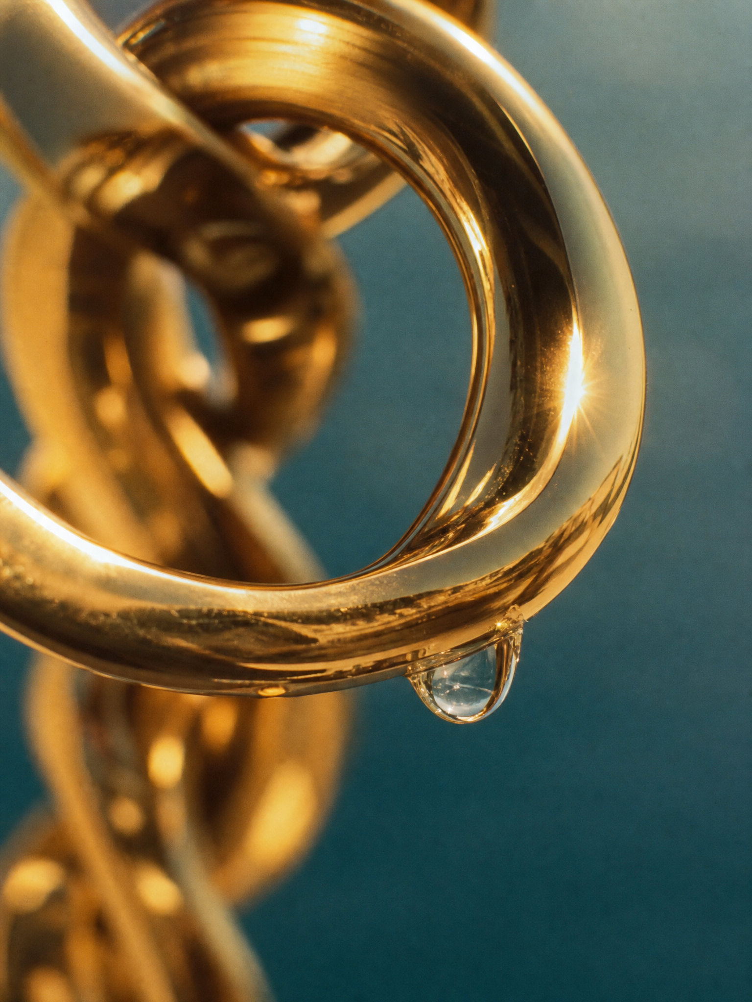 Macro of a solid 18k gold chain with a waterdrop — bonded, waterproof gold