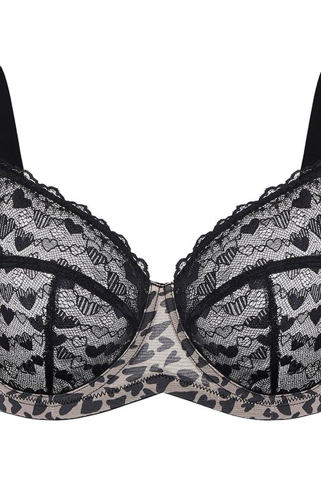 Cuore heart lace bra in black, leopard mesh detail