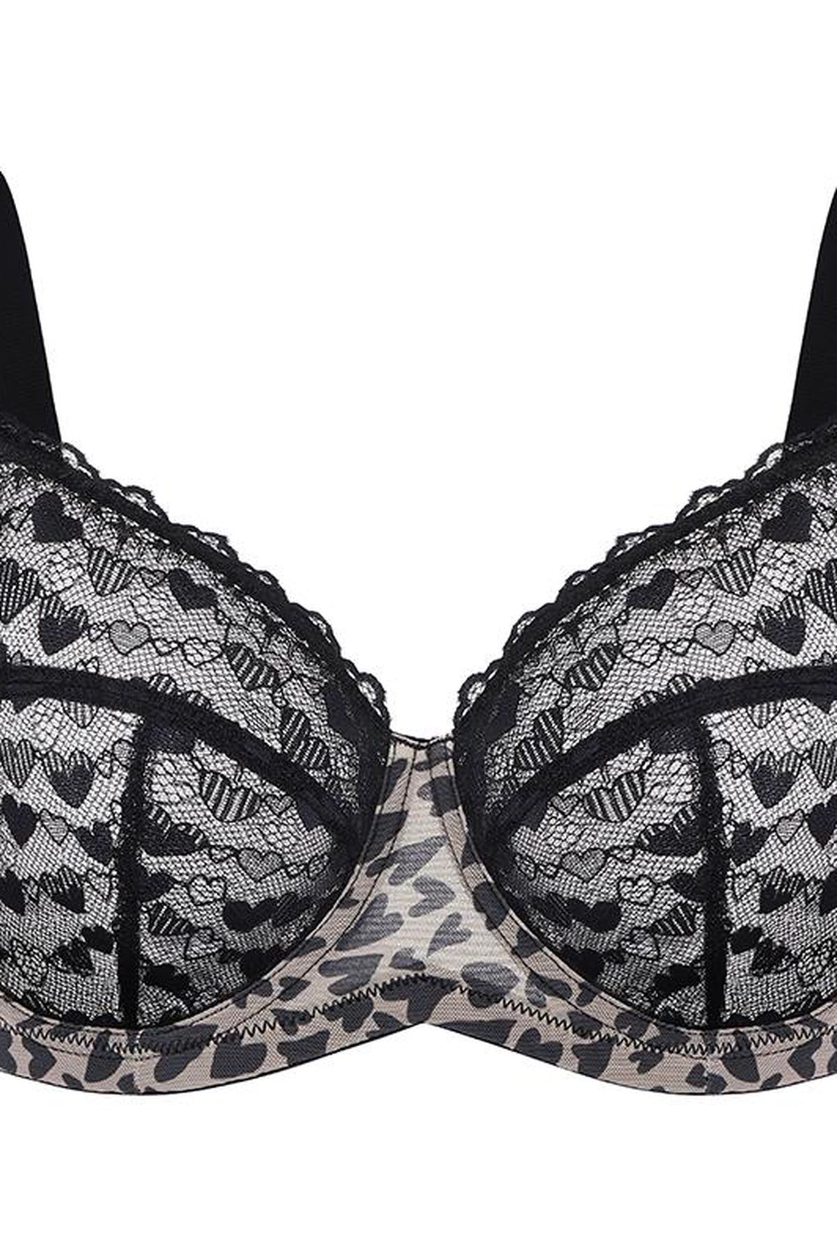 Cuore heart lace bra in black, leopard mesh detail
