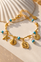 Macro detail of turquoise and shell charms