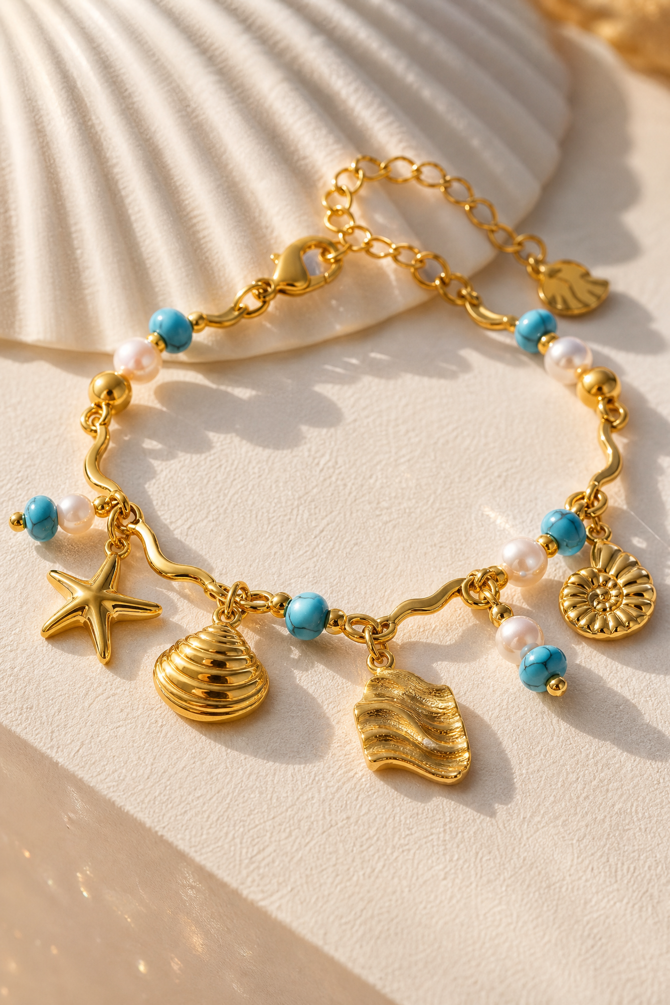 Macro detail of turquoise and shell charms