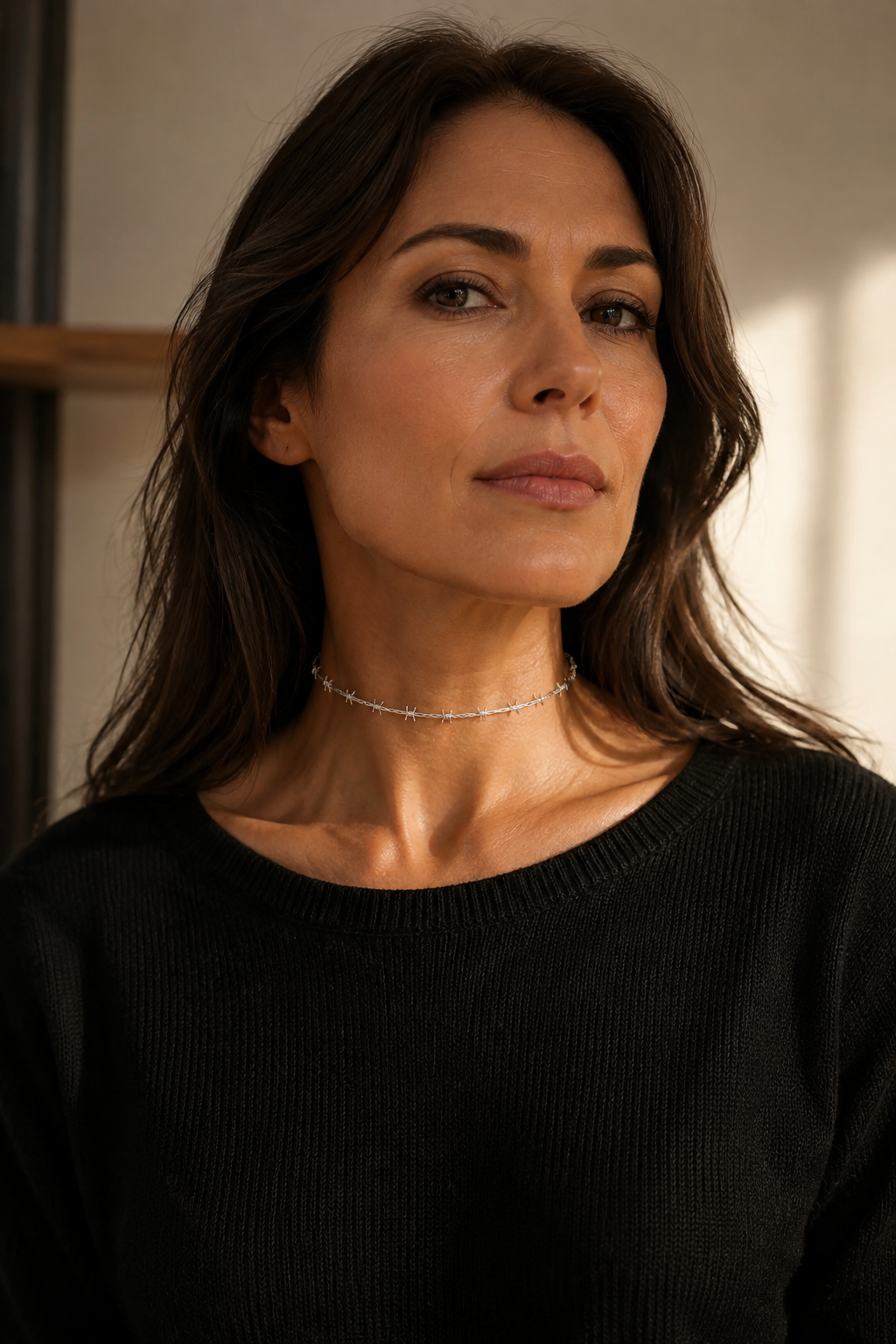 Woman wearing the silver barbed choker with a black knit