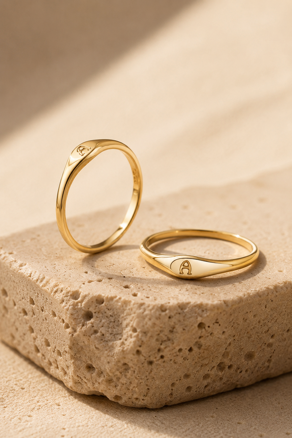 Lettera gold initial ring standing on travertine stone