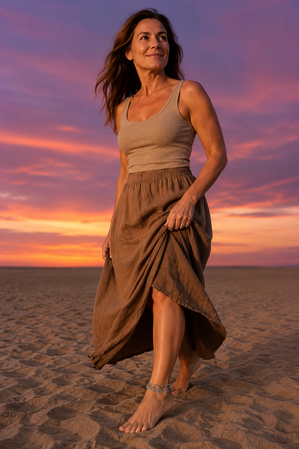 Woman walking on evening sand at dusk wearing the Incanto bracelet as an anklet