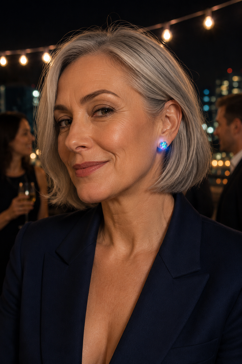 Woman with a silver-grey bob at a rooftop party wearing a Lucciola stud glowing cyan