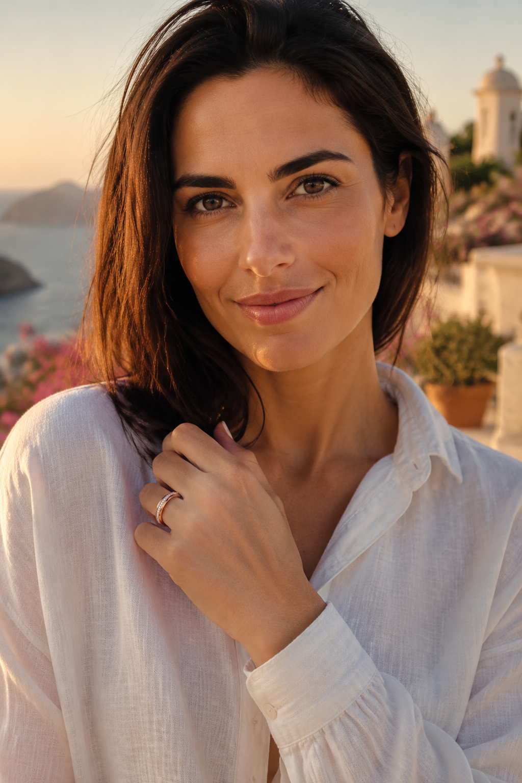 Woman at golden hour wearing the rose gold Calma spinner ring