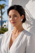 Woman in white linen wearing the Ortensia crystal bloom studs