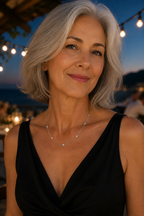 Woman with silver-grey hair in a black evening top wearing the Stellina necklace in white gold at dusk