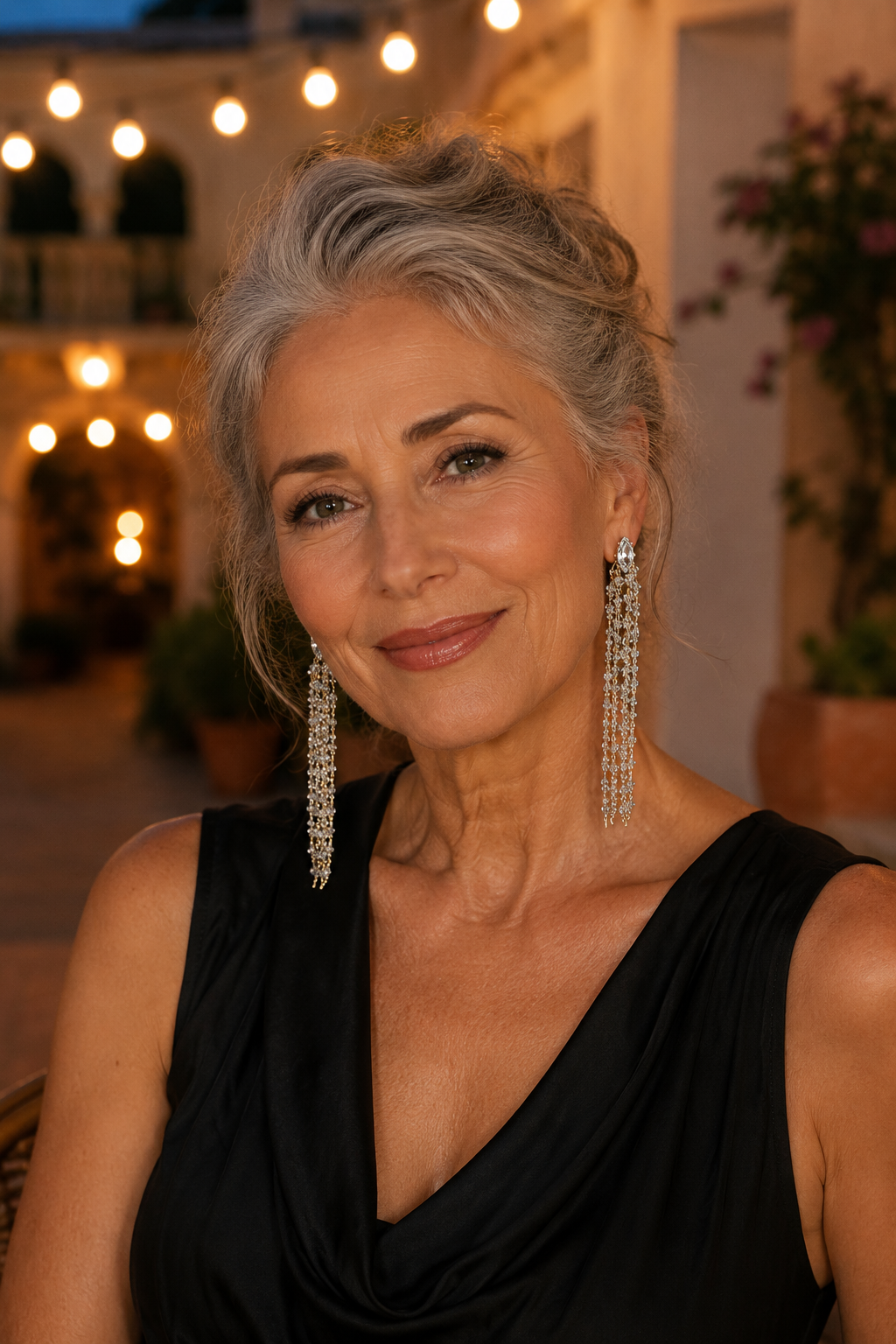 Woman wearing the crystal Cascata earrings on an evening terrace