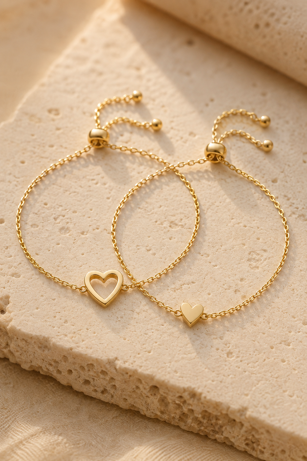 Macro of the solid heart and open heart charms side by side
