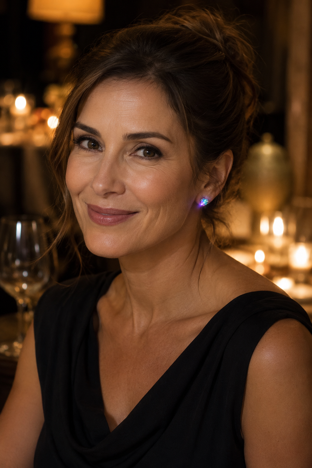Woman in a black evening top at a candlelit restaurant wearing a Lucciola stud glowing violet