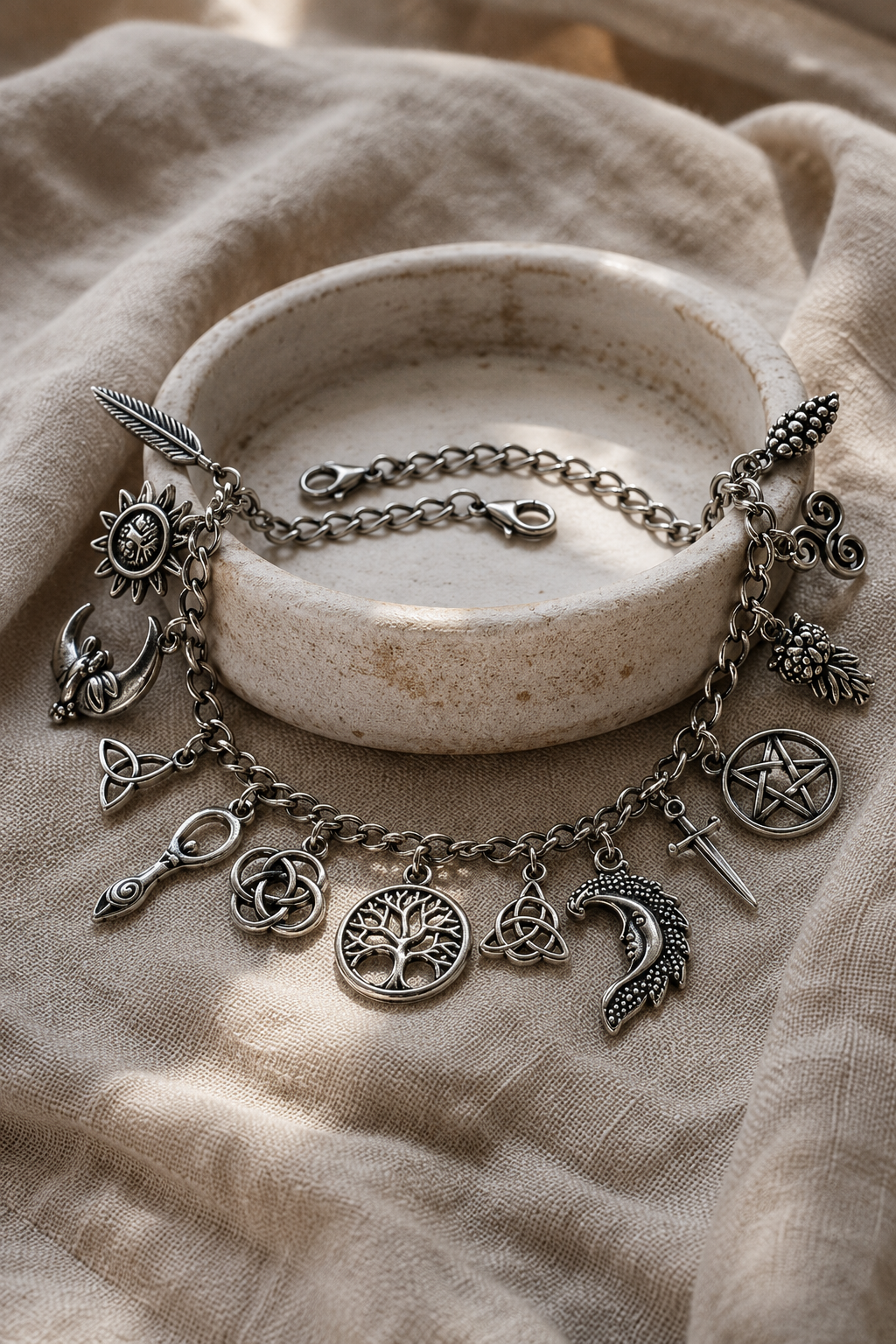 Incanto charm bracelet draped over a ceramic dish on linen