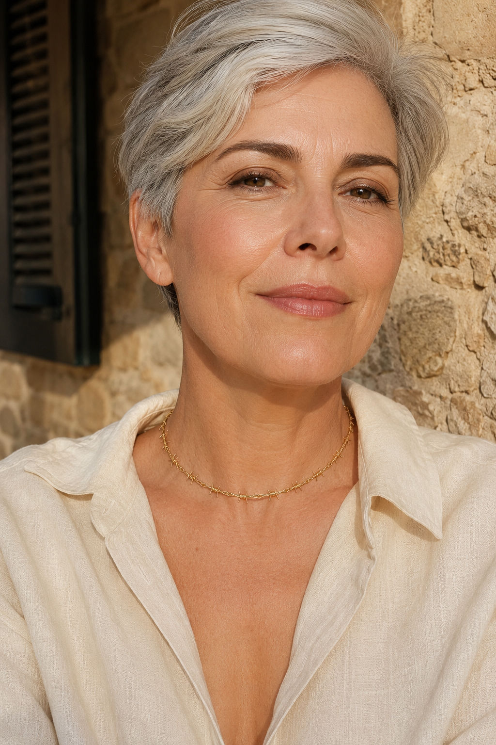 Woman wearing the gold barbed choker with an open collar shirt