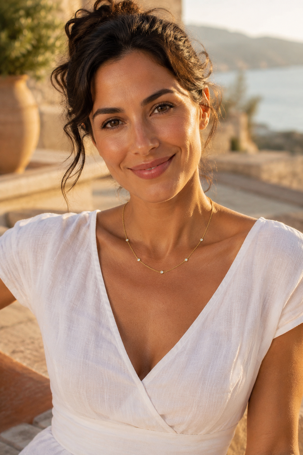 Woman in a white linen dress wearing the Stellina station necklace on a Mediterranean terrace