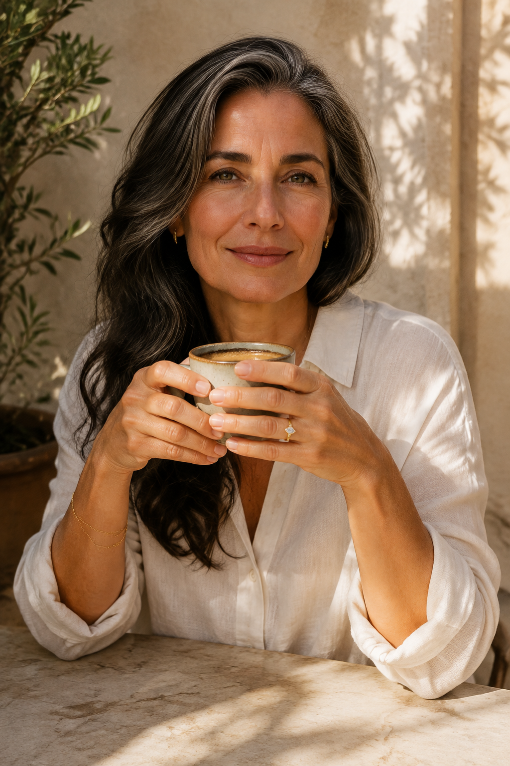 Woman wearing the gold tone Onda marquise ring