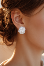 Ortensia crystal bloom stud worn, ear close-up