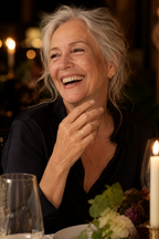 Woman laughing at dinner wearing the Lettera initial ring