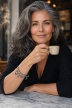 Woman wearing the Incanto charm bracelet while holding an espresso cup