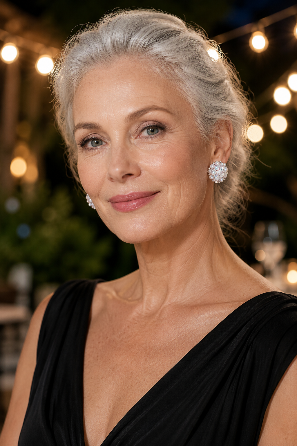Silver-haired woman in black wearing the Ortensia studs under string lights