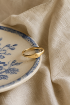 Lettera initial ring resting on an Italian ceramic dish
