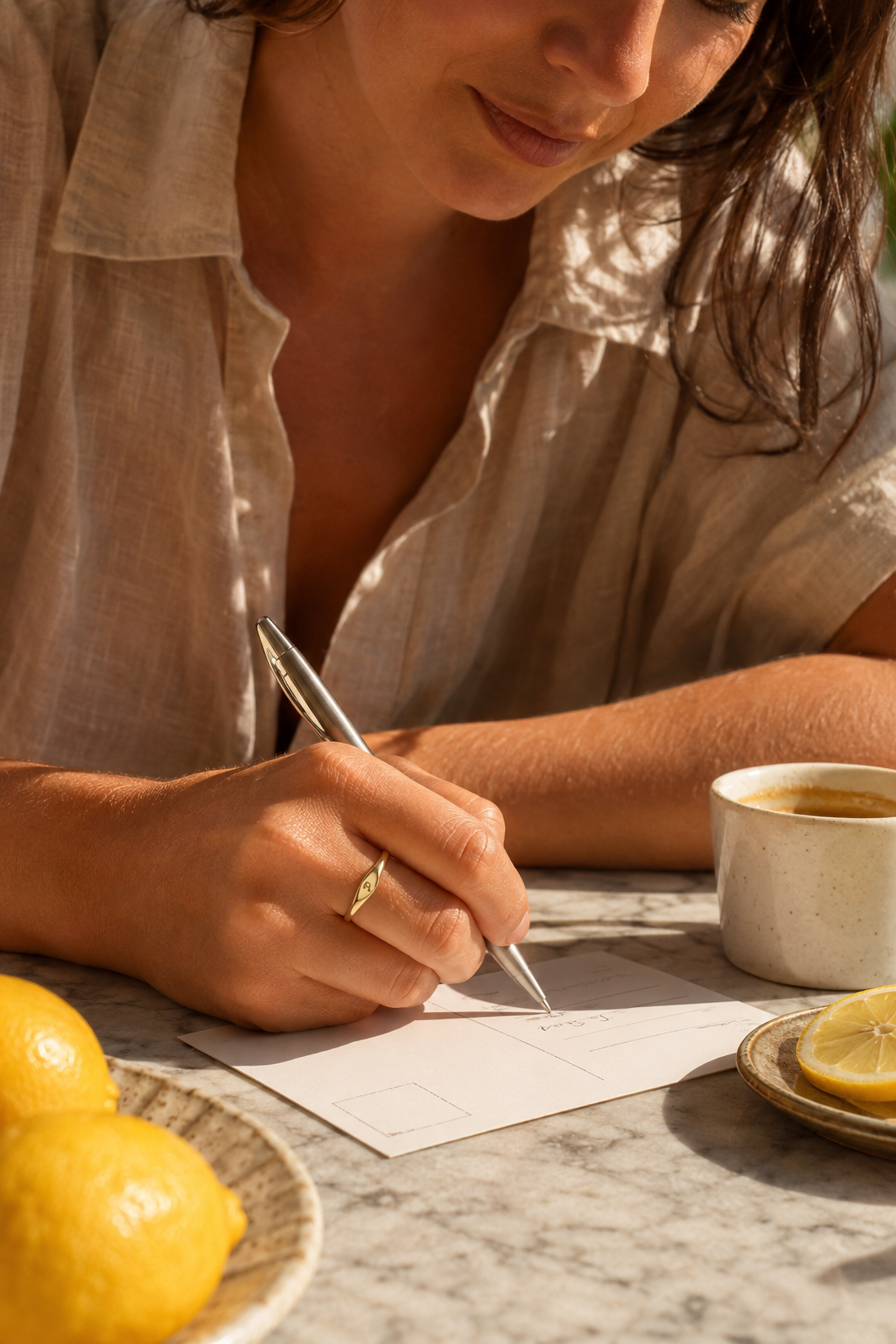 Woman writing a postcard wearing the Lettera initial ring
