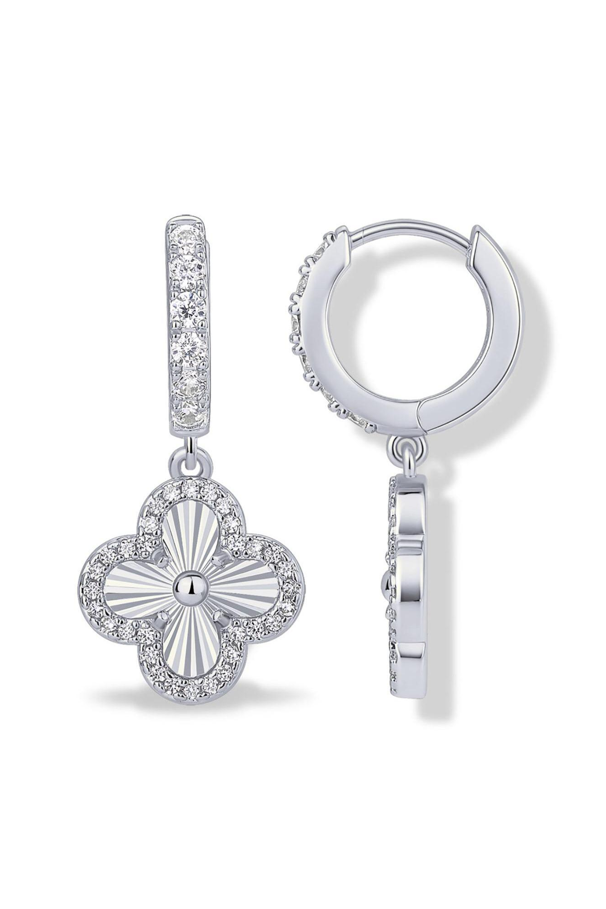 Fortuna clover huggie drop earrings in white gold