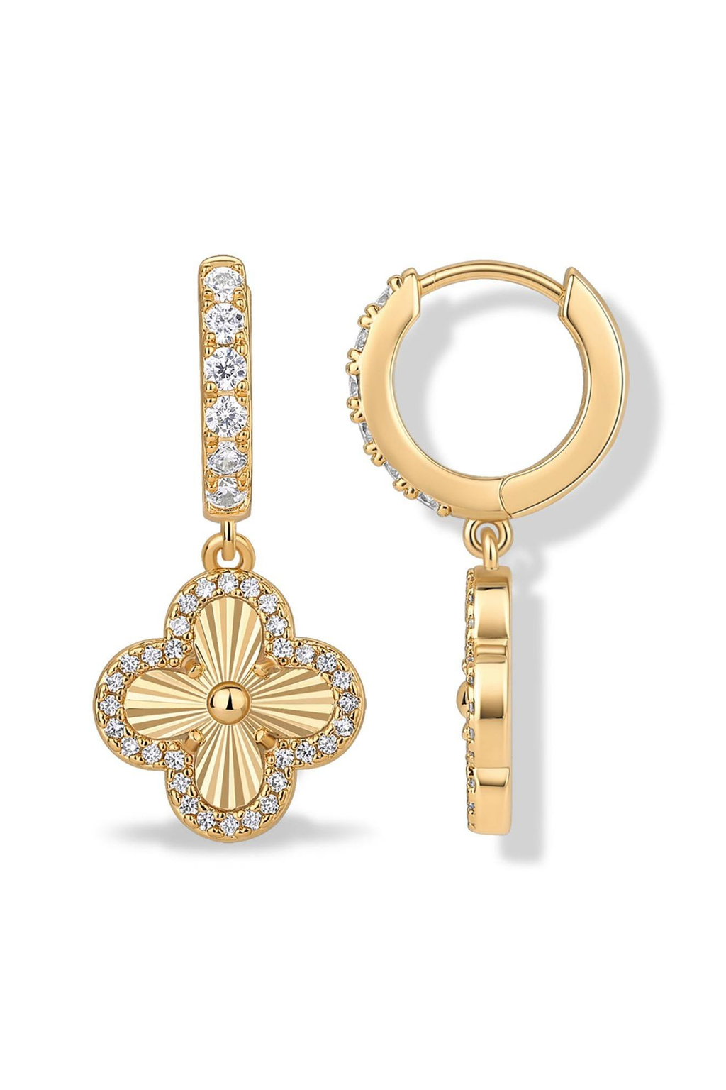 Fortuna clover huggie drop earrings in yellow gold