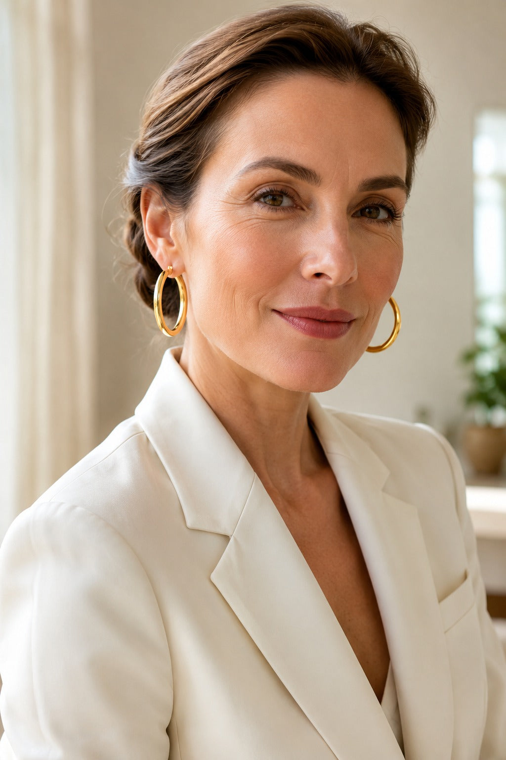 Woman wearing Ischia gold hoops with a cream blazer