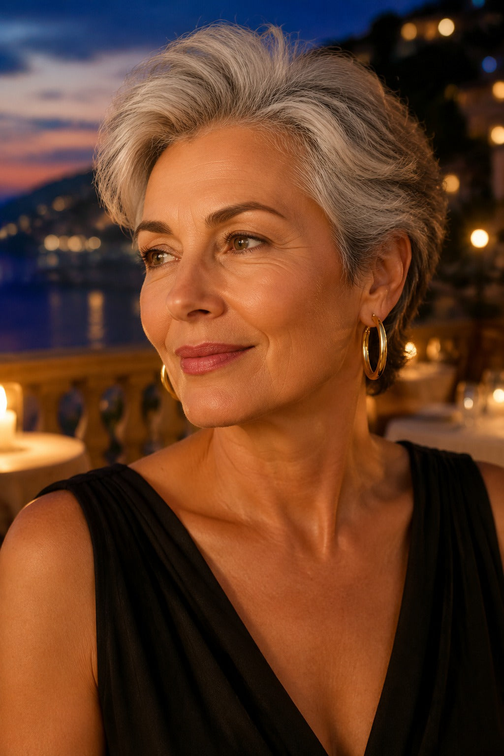 Woman with silver-grey hair wearing Ischia chunky gold hoops at dusk