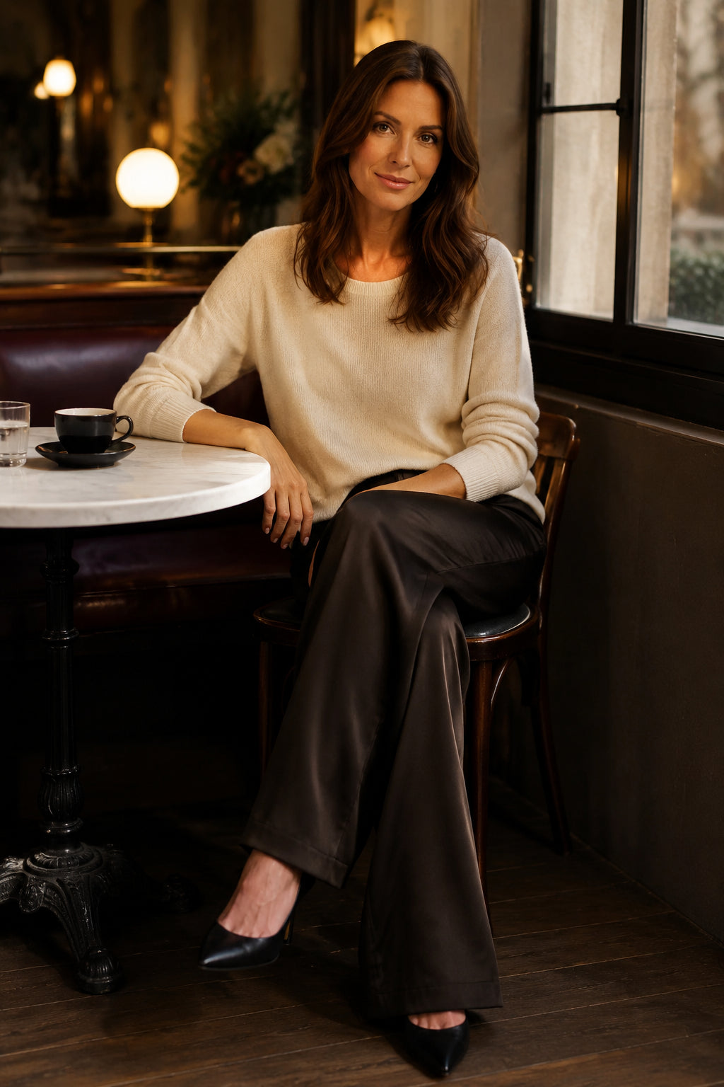 Woman seated wearing the Luna satin pant