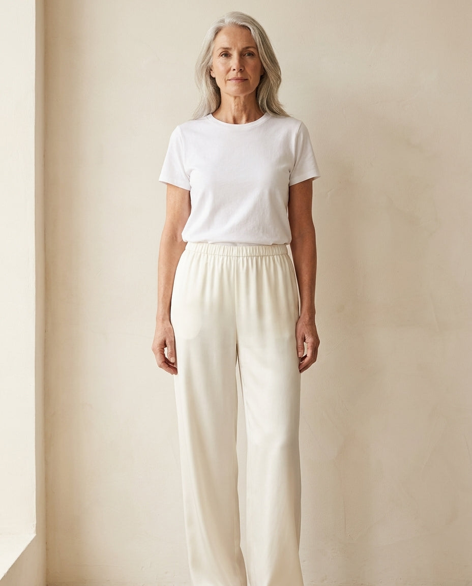 Woman wearing the Luna satin pant in ivory