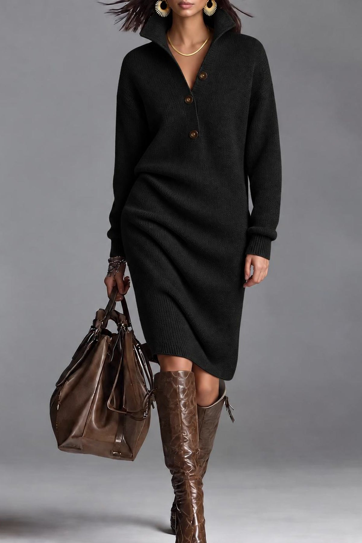 Maglia ribbed collared sweater dress in black